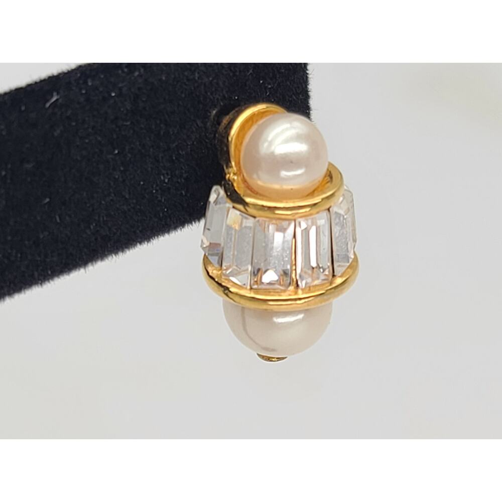 Vintage Napier Pearl & Band Banquet Swarovski Crystals Gold-Plated Post Earrings